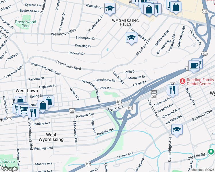 map of restaurants, bars, coffee shops, grocery stores, and more near 37 Park Road in Reading