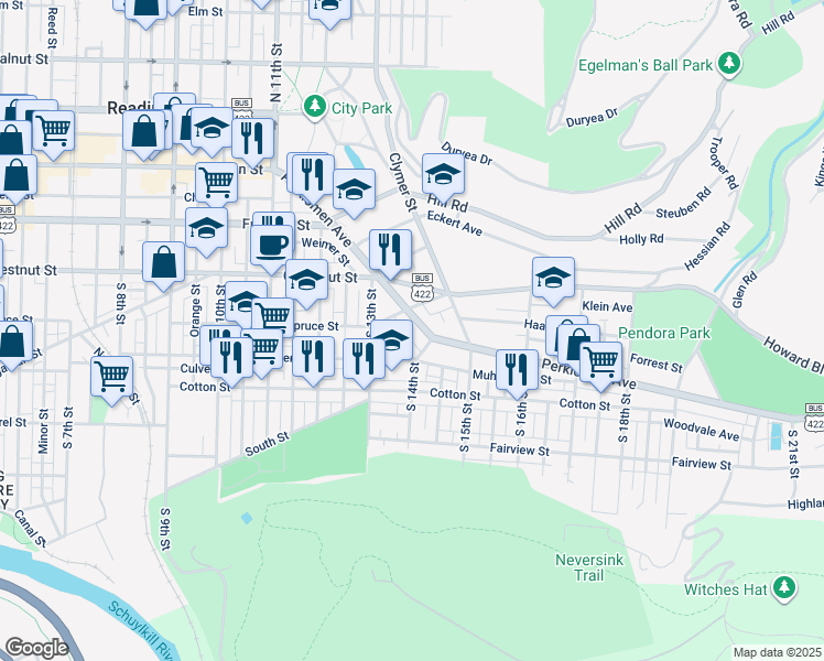 map of restaurants, bars, coffee shops, grocery stores, and more near 1372 Perkiomen Avenue in Reading