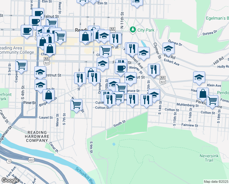 map of restaurants, bars, coffee shops, grocery stores, and more near 1034 Spruce Street in Reading