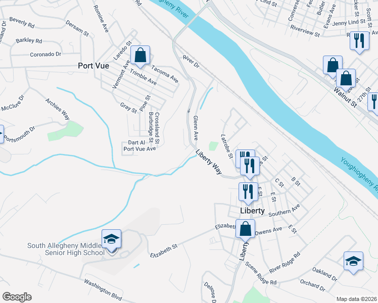 map of restaurants, bars, coffee shops, grocery stores, and more near 800 Glenn Avenue in McKeesport