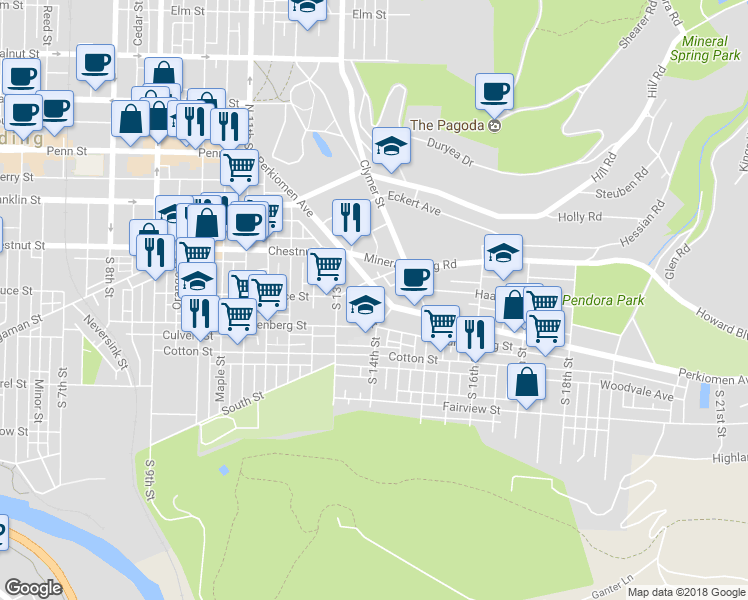 map of restaurants, bars, coffee shops, grocery stores, and more near 1372 Perkiomen Avenue in Reading