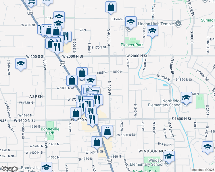map of restaurants, bars, coffee shops, grocery stores, and more near 428 West 1800 North in Orem
