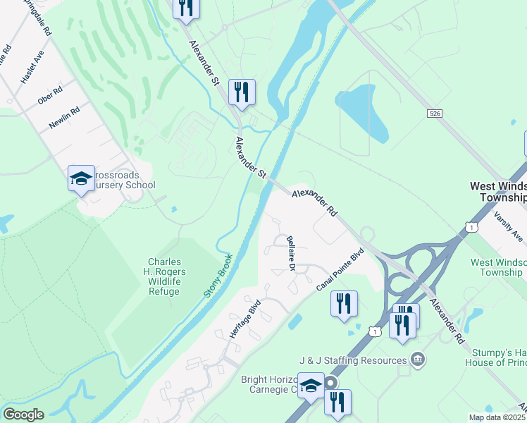 map of restaurants, bars, coffee shops, grocery stores, and more near 259 Canal Road in Princeton
