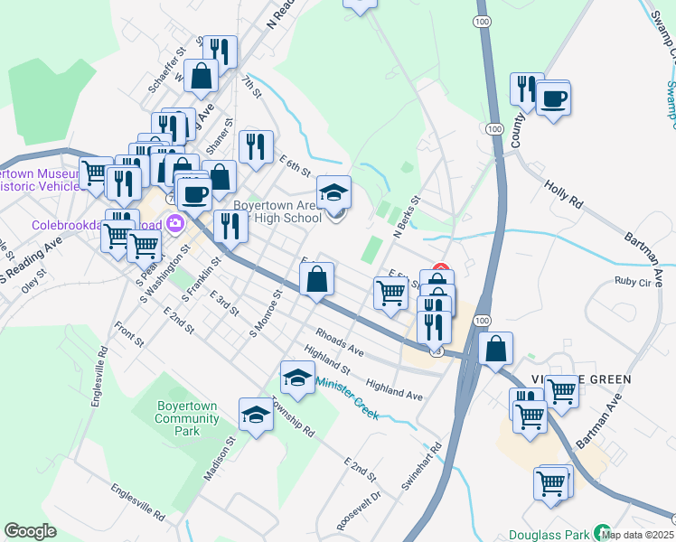 map of restaurants, bars, coffee shops, grocery stores, and more near 601 East 4th Street in Boyertown