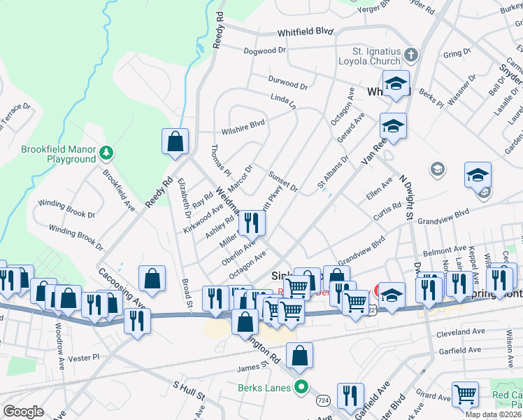 map of restaurants, bars, coffee shops, grocery stores, and more near 3125 Merritt Parkway in Sinking Spring