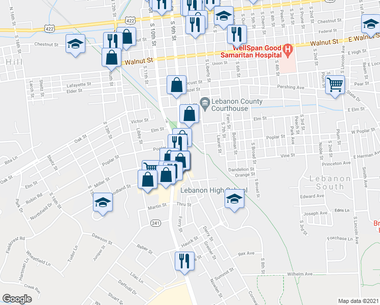 map of restaurants, bars, coffee shops, grocery stores, and more near 605 South 8th Street in Lebanon