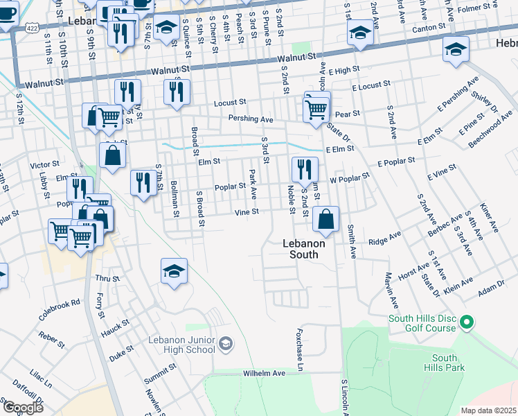 map of restaurants, bars, coffee shops, grocery stores, and more near 620 Park Avenue in Lebanon