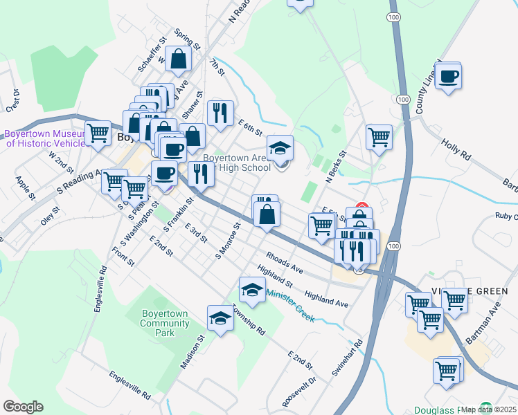 map of restaurants, bars, coffee shops, grocery stores, and more near 518 East 4th Street in Boyertown