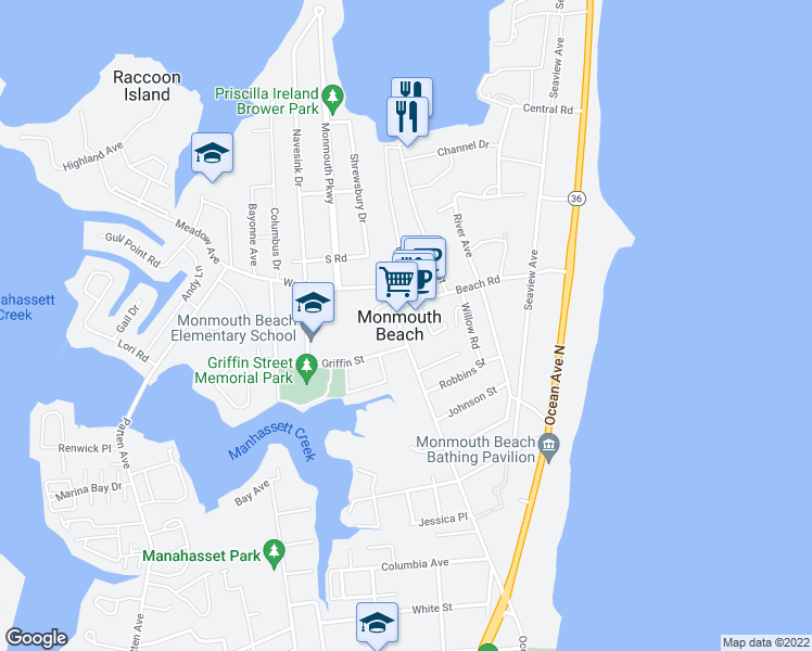 map of restaurants, bars, coffee shops, grocery stores, and more near 69 Riverdale Avenue in Monmouth Beach