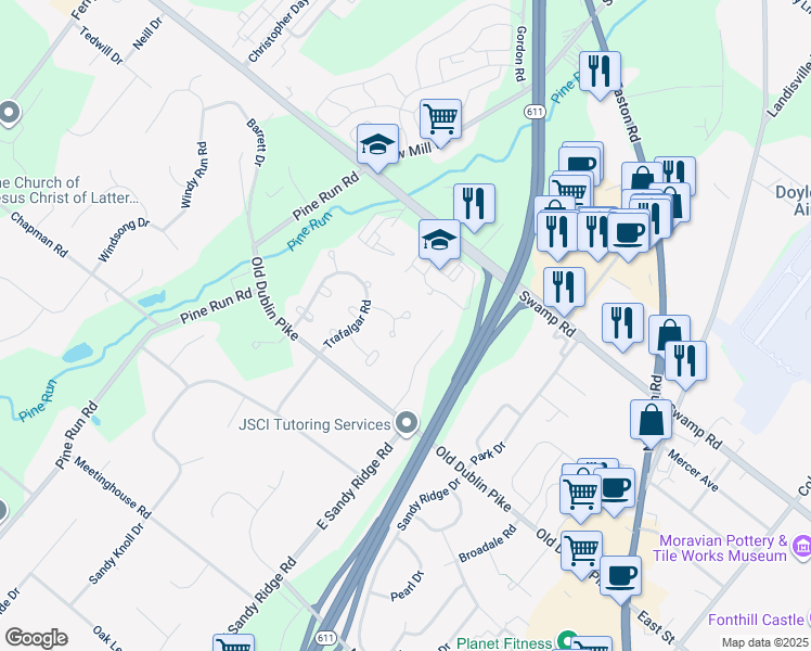 map of restaurants, bars, coffee shops, grocery stores, and more near 128 Blackfriars Circle in Doylestown