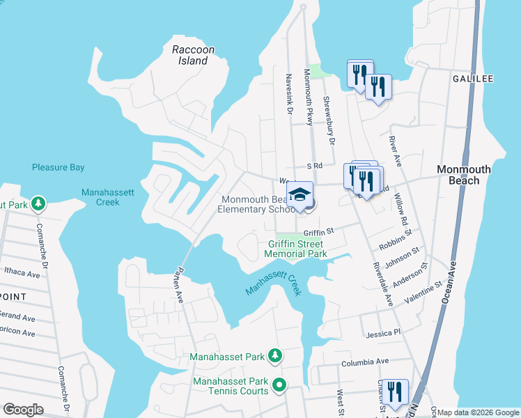 map of restaurants, bars, coffee shops, grocery stores, and more near 11 Jackson Court in Monmouth Beach