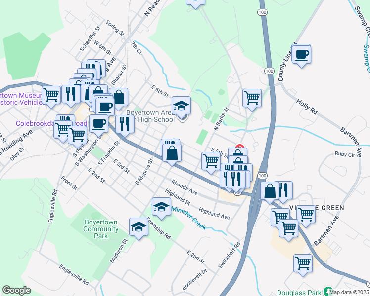 map of restaurants, bars, coffee shops, grocery stores, and more near 601 East 4th Street in Boyertown