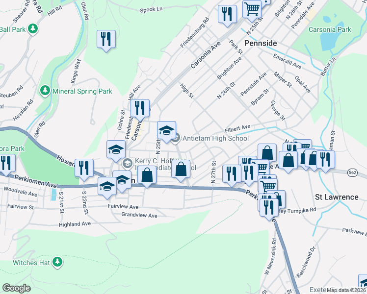 map of restaurants, bars, coffee shops, grocery stores, and more near 2615 Filbert Avenue in Mount Penn