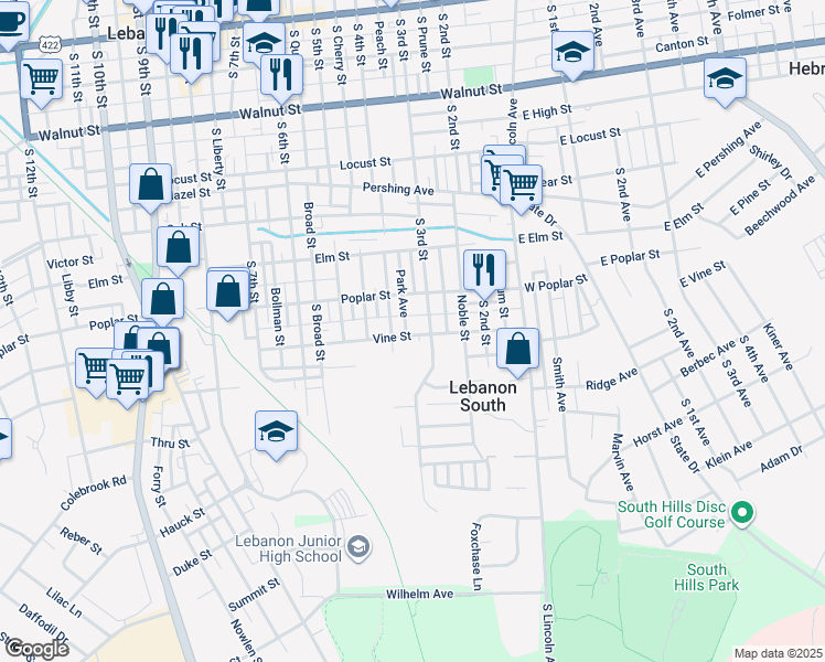 map of restaurants, bars, coffee shops, grocery stores, and more near 620 Park Avenue in Lebanon