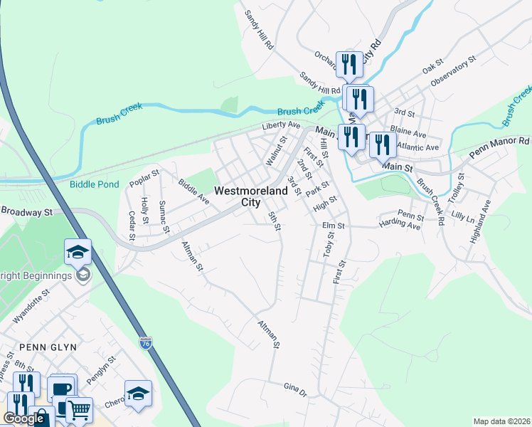 map of restaurants, bars, coffee shops, grocery stores, and more near 1121 5th Street in Westmoreland City