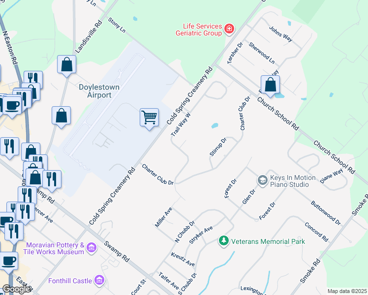 map of restaurants, bars, coffee shops, grocery stores, and more near 3900 Colts Court in Doylestown