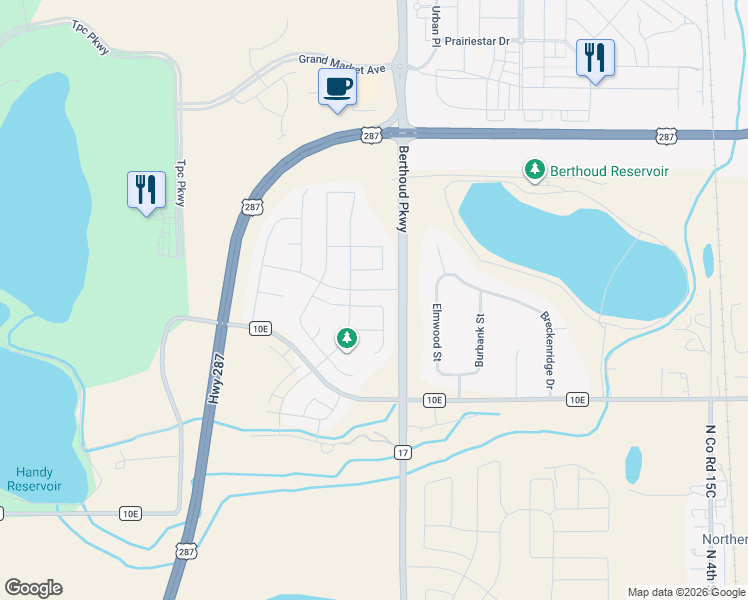 map of restaurants, bars, coffee shops, grocery stores, and more near 1228 Tipton Street in Berthoud