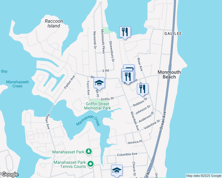 map of restaurants, bars, coffee shops, grocery stores, and more near 72 Riverdale Avenue in Monmouth Beach