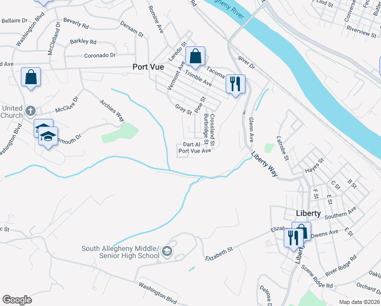 map of restaurants, bars, coffee shops, grocery stores, and more near 1802 Port Vue Avenue in McKeesport