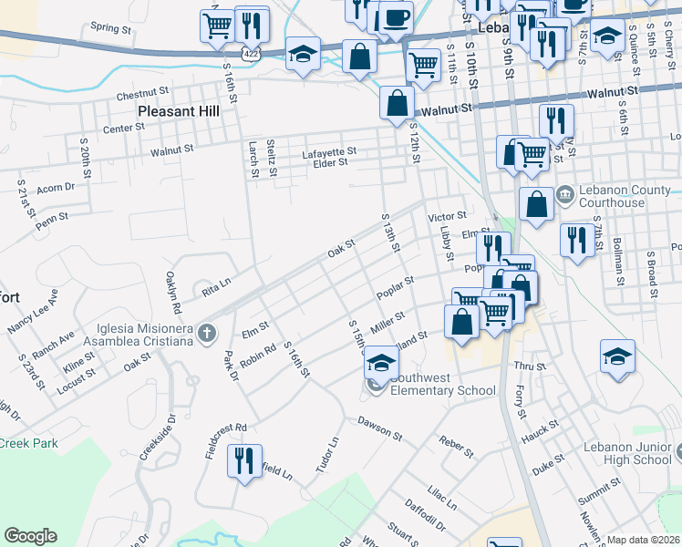 map of restaurants, bars, coffee shops, grocery stores, and more near 1419 Elm St in Lebanon