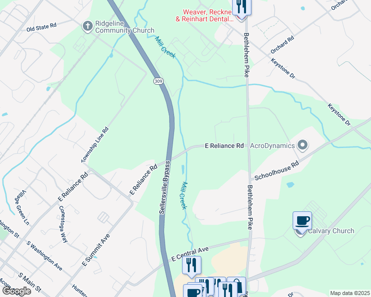 map of restaurants, bars, coffee shops, grocery stores, and more near East Reliance Road in Telford