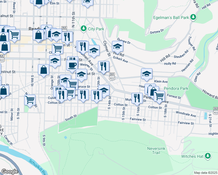map of restaurants, bars, coffee shops, grocery stores, and more near 1370 Perkiomen Avenue in Reading