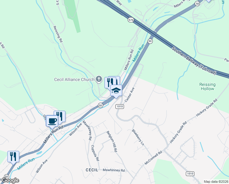 map of restaurants, bars, coffee shops, grocery stores, and more near 3131 Millers Run Road in Cecil-Bishop