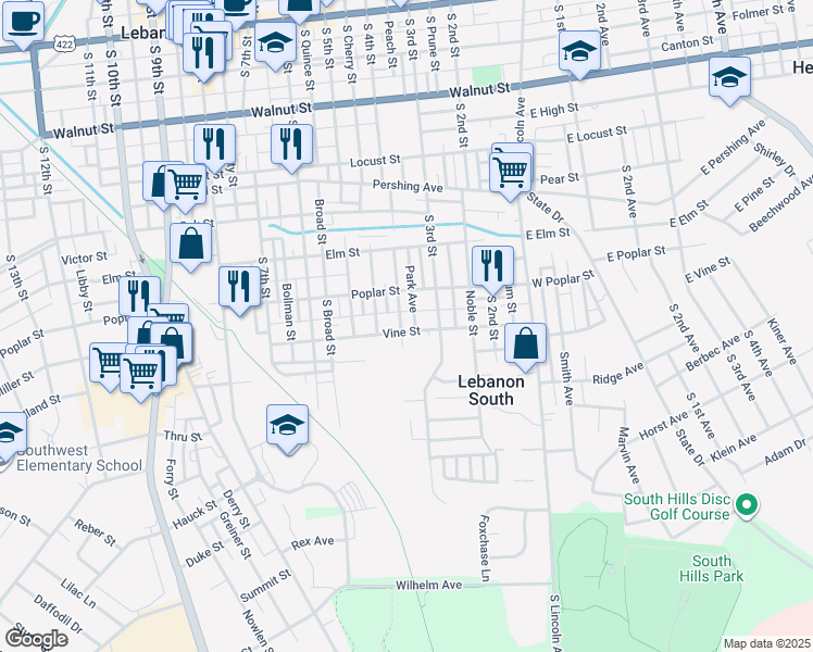 map of restaurants, bars, coffee shops, grocery stores, and more near 610 South 4th Street in Lebanon