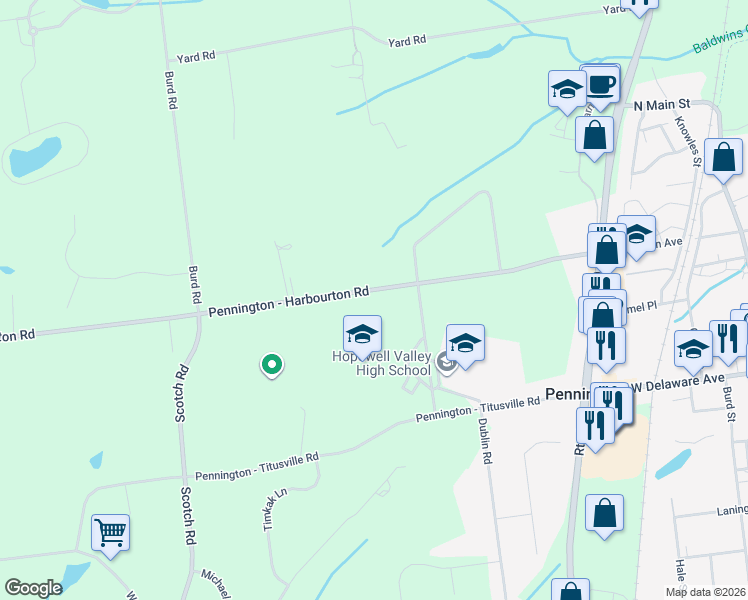 map of restaurants, bars, coffee shops, grocery stores, and more near 188 Pennington Harbourton Road in Pennington
