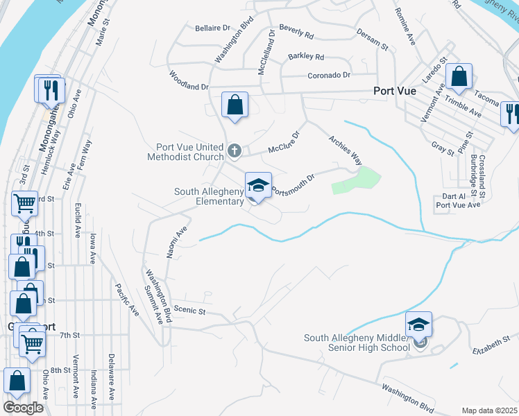 map of restaurants, bars, coffee shops, grocery stores, and more near 1707 Washington Boulevard in McKeesport