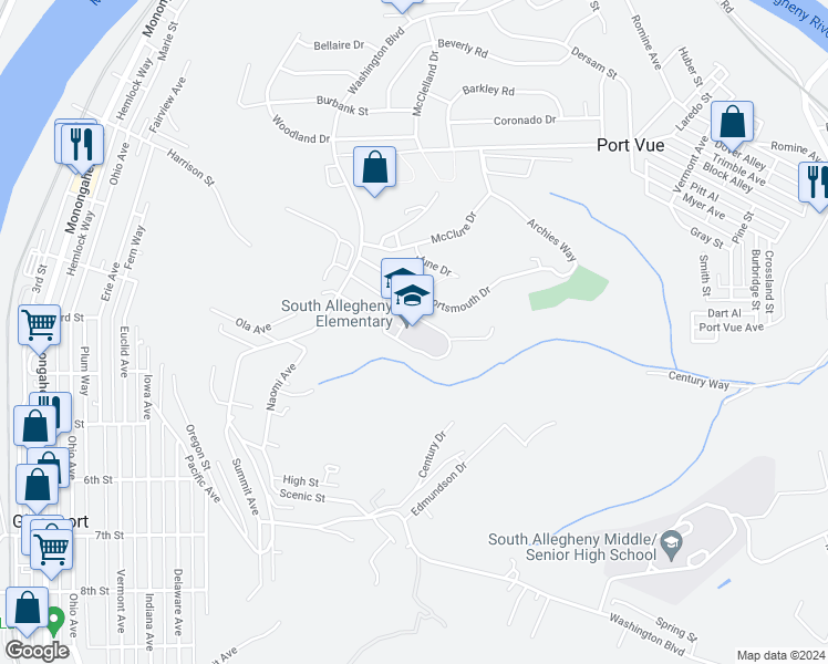 map of restaurants, bars, coffee shops, grocery stores, and more near 1707 Washington Boulevard in McKeesport