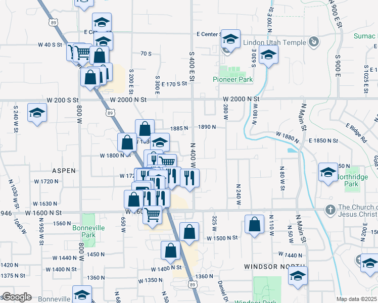 map of restaurants, bars, coffee shops, grocery stores, and more near 428 West 1800 North in Orem