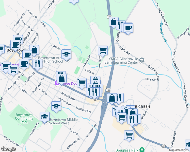 map of restaurants, bars, coffee shops, grocery stores, and more near 144 Montgomery Avenue in Boyertown