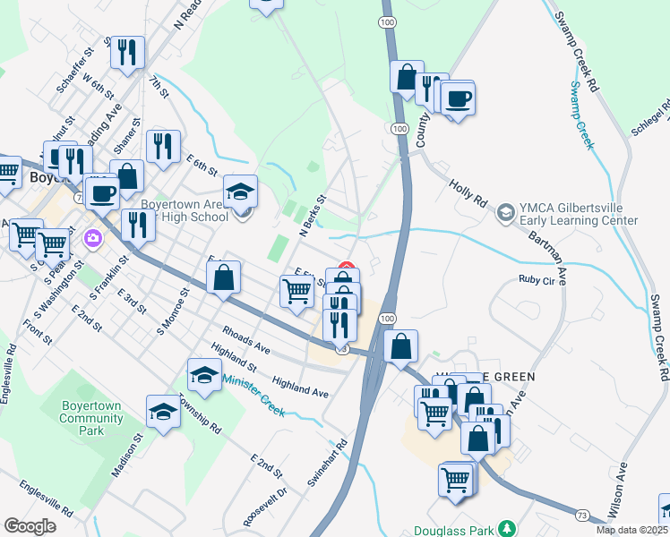 map of restaurants, bars, coffee shops, grocery stores, and more near 144 Montgomery Avenue in Boyertown