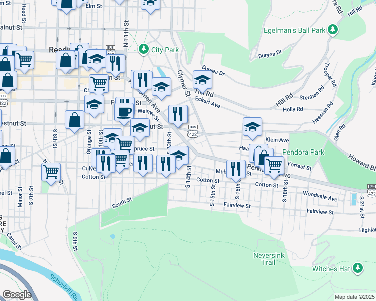 map of restaurants, bars, coffee shops, grocery stores, and more near 1374 Perkiomen Avenue in Reading