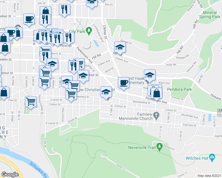 map of restaurants, bars, coffee shops, grocery stores, and more near 1374 Perkiomen Avenue in Reading