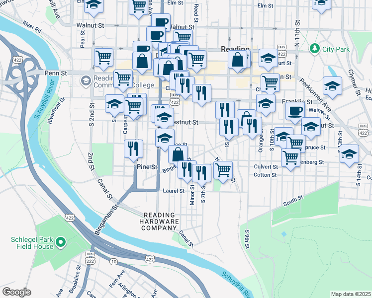 map of restaurants, bars, coffee shops, grocery stores, and more near in Reading