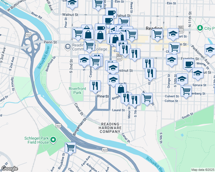 map of restaurants, bars, coffee shops, grocery stores, and more near 434 Spruce Street in Reading