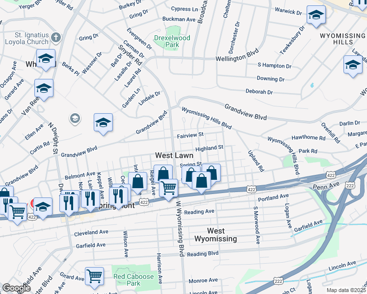 map of restaurants, bars, coffee shops, grocery stores, and more near 2217 Highland Street in West Lawn