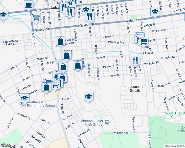 map of restaurants, bars, coffee shops, grocery stores, and more near 621 Perry Alley in Lebanon