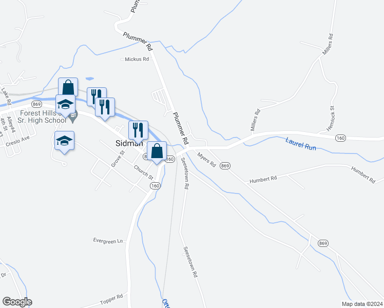 map of restaurants, bars, coffee shops, grocery stores, and more near Mill Rd in Cambria