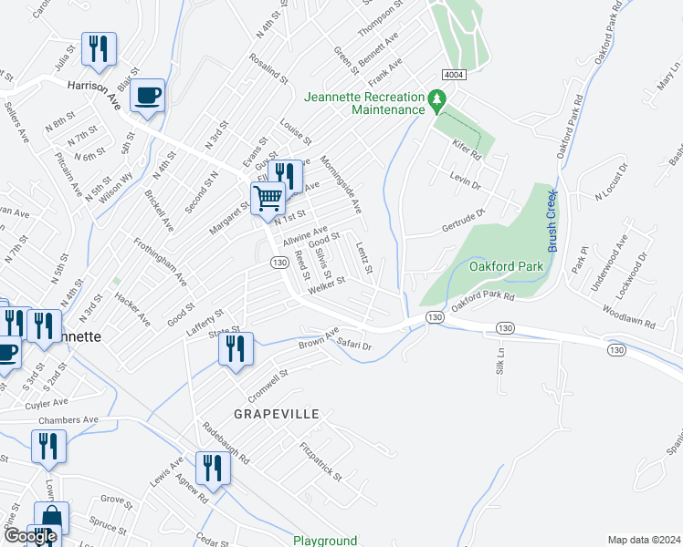 map of restaurants, bars, coffee shops, grocery stores, and more near 207 Welker Street in Jeannette
