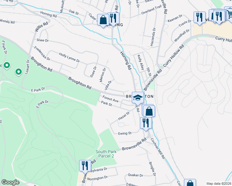map of restaurants, bars, coffee shops, grocery stores, and more near 1129 Broughton Road in Pittsburgh