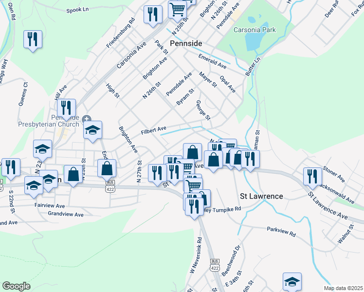 map of restaurants, bars, coffee shops, grocery stores, and more near 308 Butter Lane in Reading