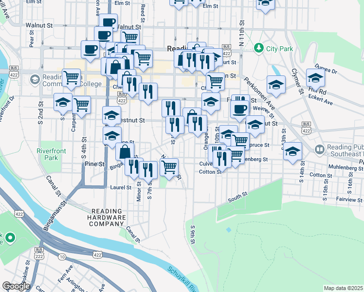 map of restaurants, bars, coffee shops, grocery stores, and more near 325 Spring Garden Street in Reading