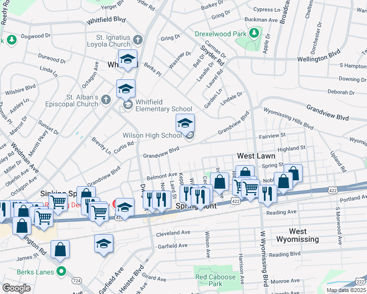 map of restaurants, bars, coffee shops, grocery stores, and more near 2610 Grandview Boulevard in Reading