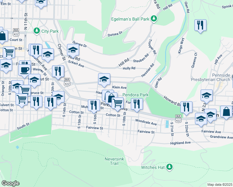 map of restaurants, bars, coffee shops, grocery stores, and more near 1713 Haak Street in Reading