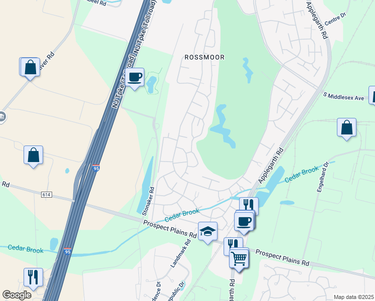 map of restaurants, bars, coffee shops, grocery stores, and more near 562B Springfield Way in Monroe Township