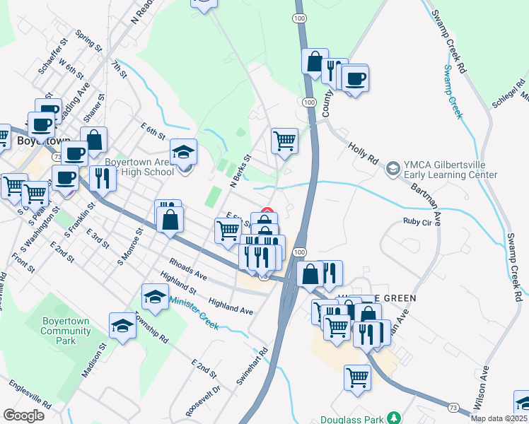 map of restaurants, bars, coffee shops, grocery stores, and more near 144 Montgomery Avenue in Boyertown