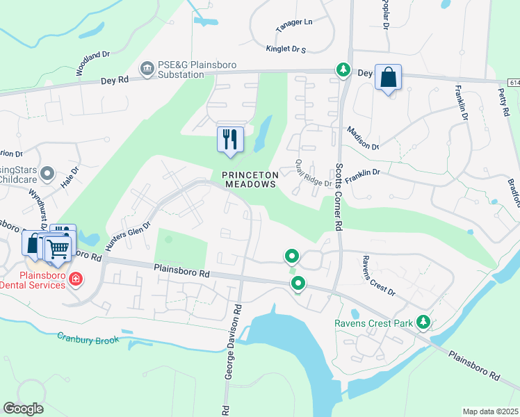 map of restaurants, bars, coffee shops, grocery stores, and more near 182 Hampshire Drive in Plainsboro Township